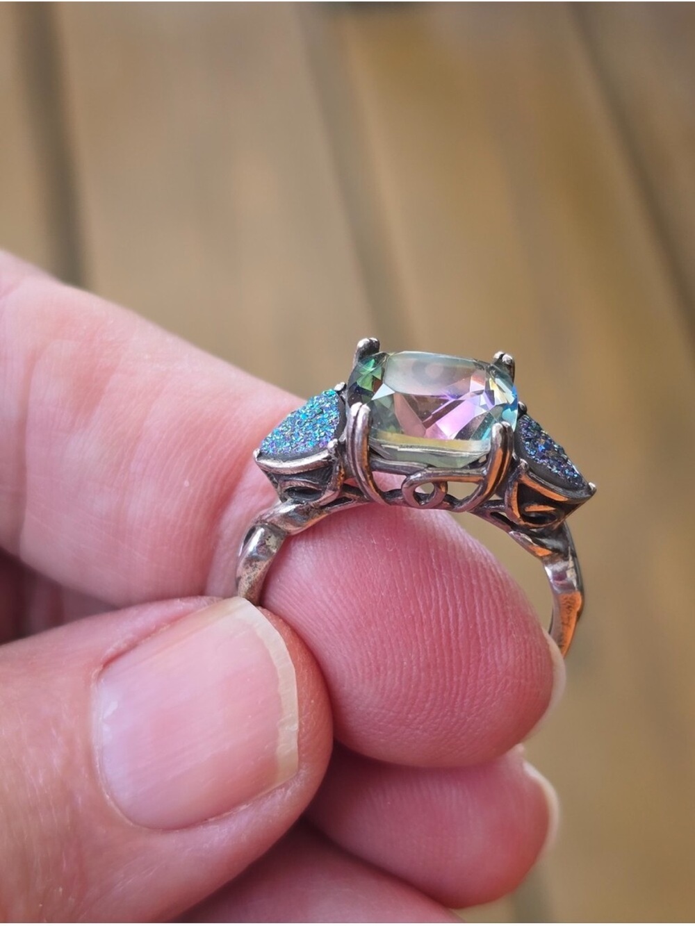 Vintage Sterling Silver Mystic Topaz & Druzy Quartz Statement Ring - Size 10 - Picture 10 of 12